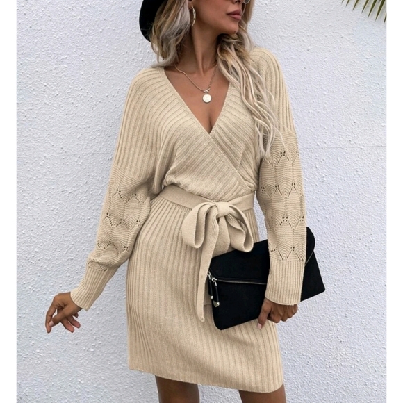 Knit Drop Shoulder Belted V Neck Sweater Dress - Picture 2 of 9